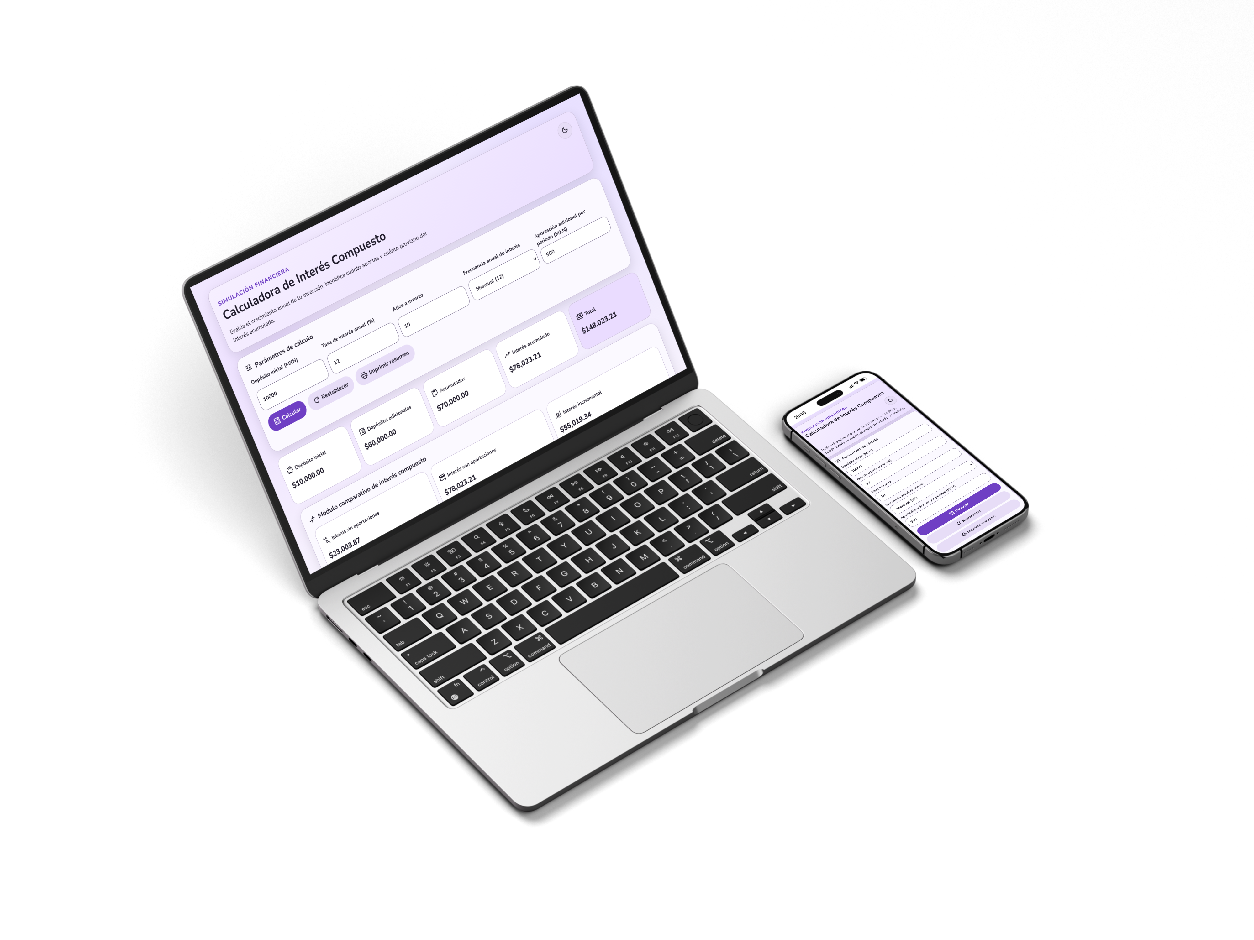 Vista del proyecto de interés compuesto en laptop y móvil