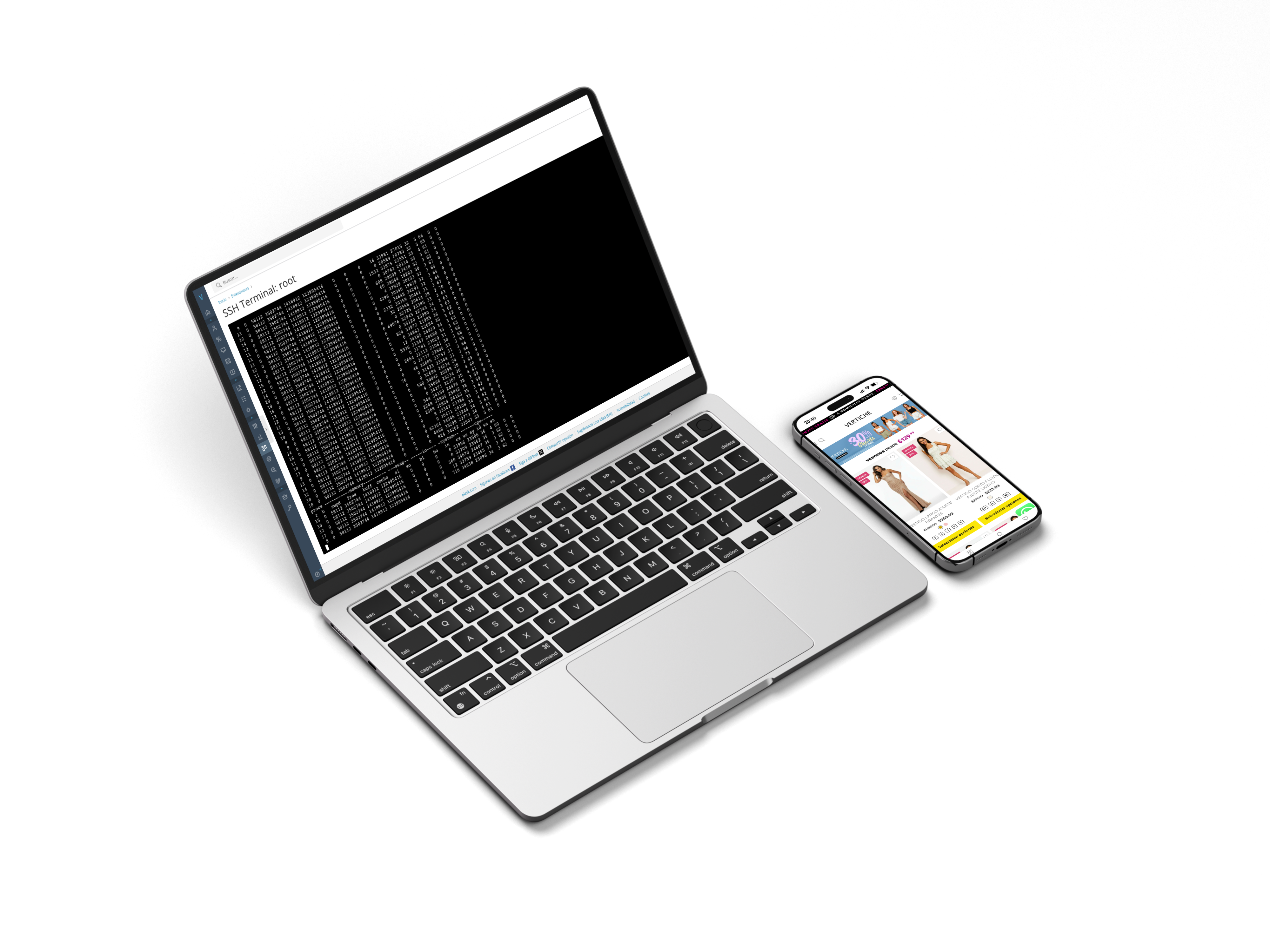 Vista combinada del entorno operativo y la experiencia móvil de Vertiche.mx